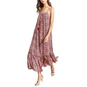 Misa Thale Marseille Print Pom Pom Tassel Floral Paisley Ruffle Maxi Dress Sz S
